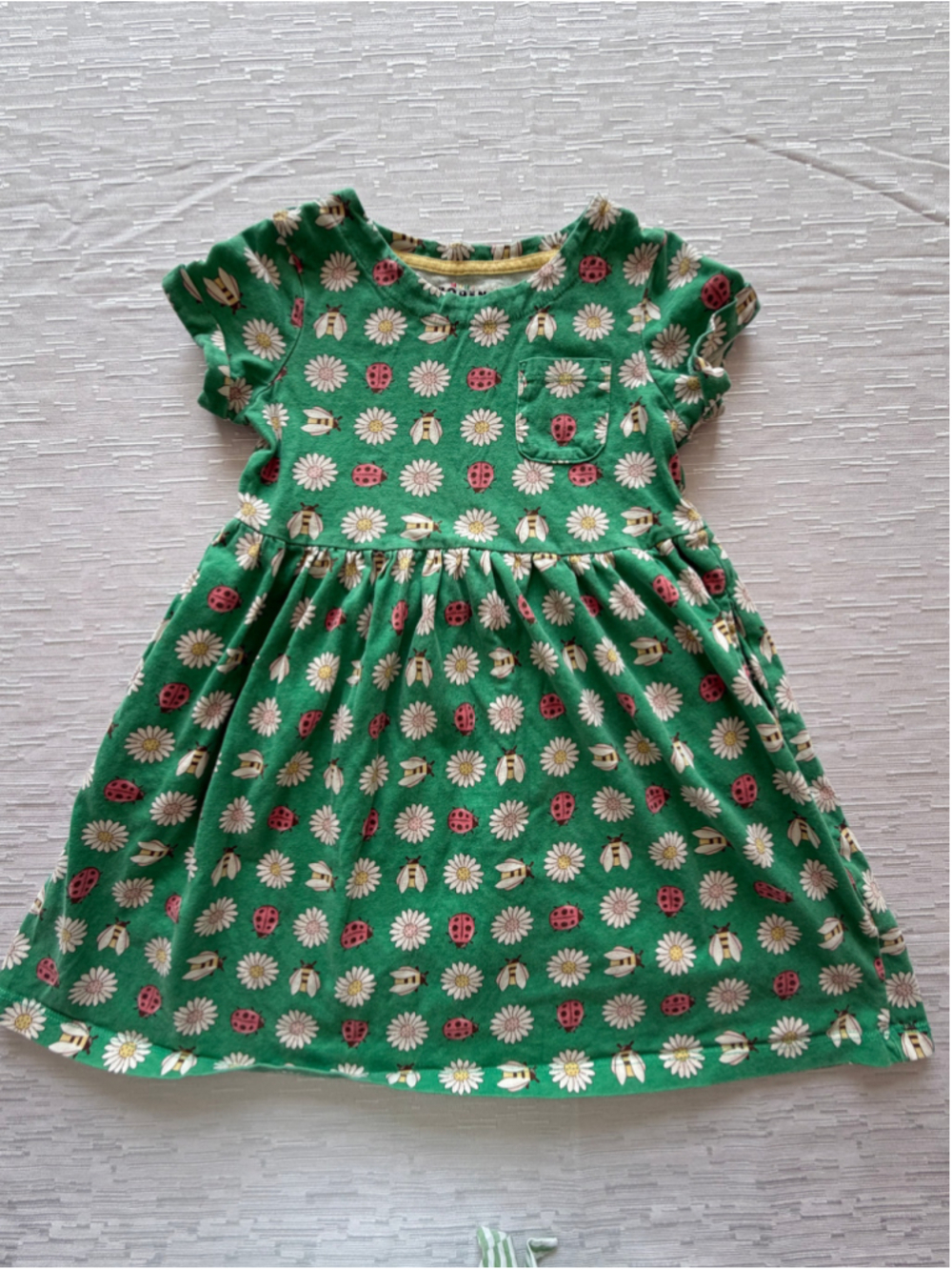 Girls Mini Boden Casual Dress Size 6 Green White Daisy Ladybug Bee Print